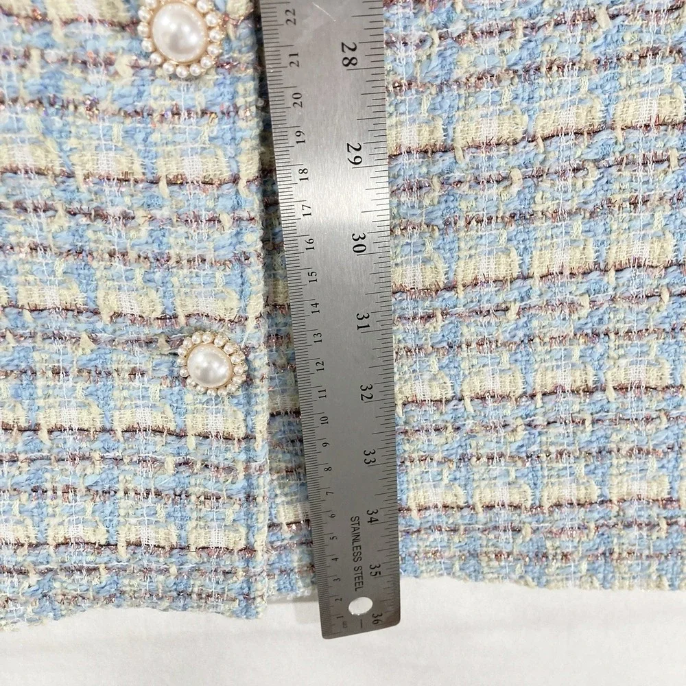 Wool Tweed Pearl Button Mini Dress Mod Woven Baby Blue Retro Womens M NWT $140